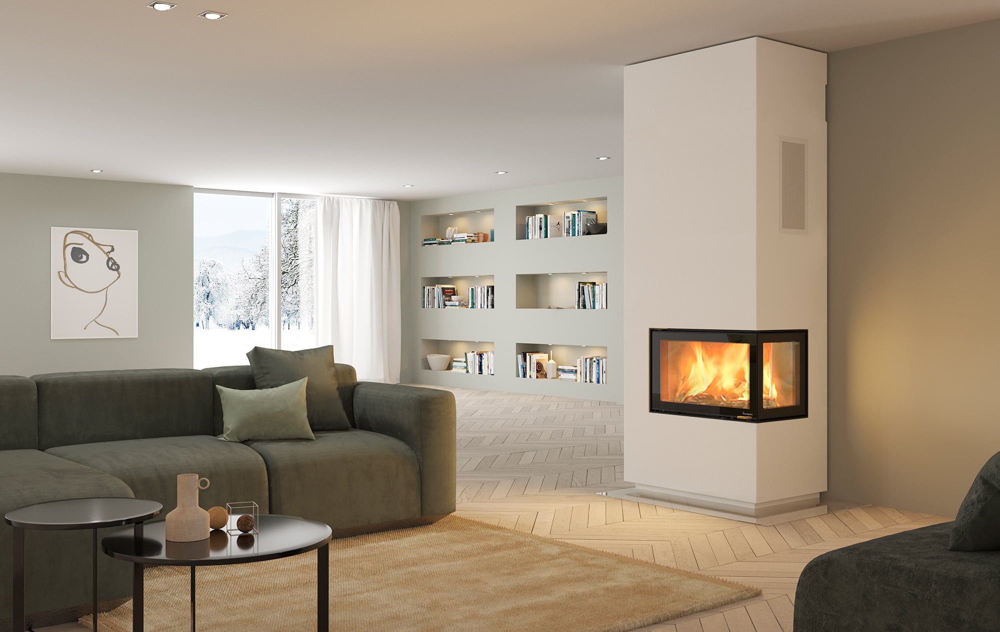 Stor hjørnepeis i moderne design i stue