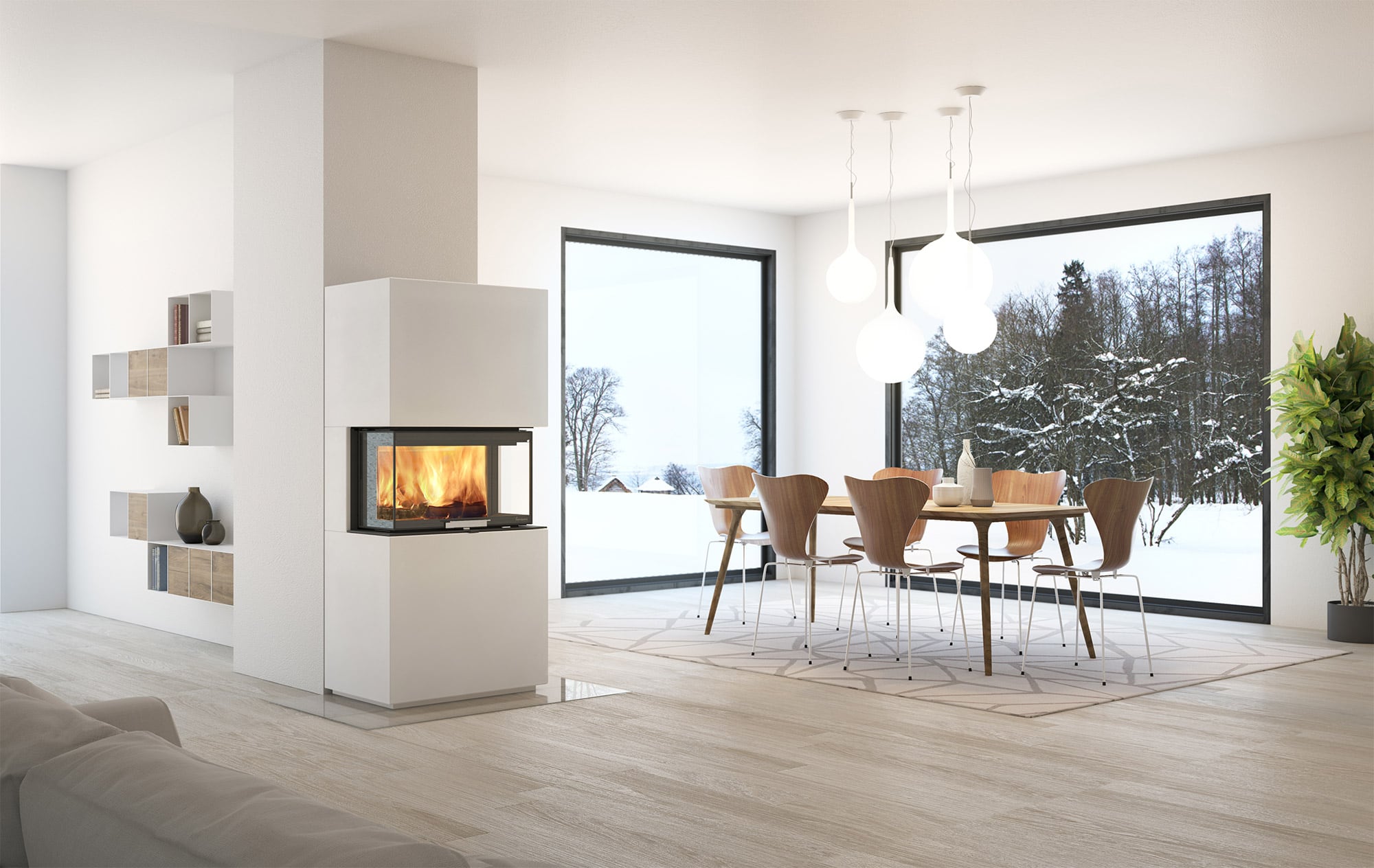Moderne peis med glass på tre sider i stilrent og luftig interiør