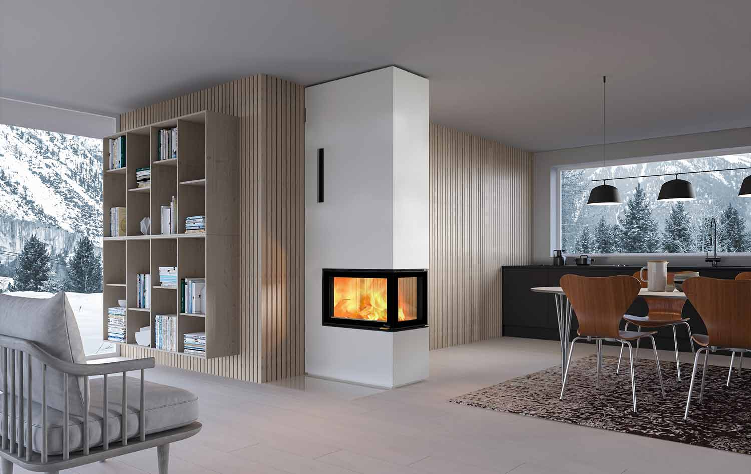 Peisen Davos P i moderne design med panoramaglass i stuemiljø