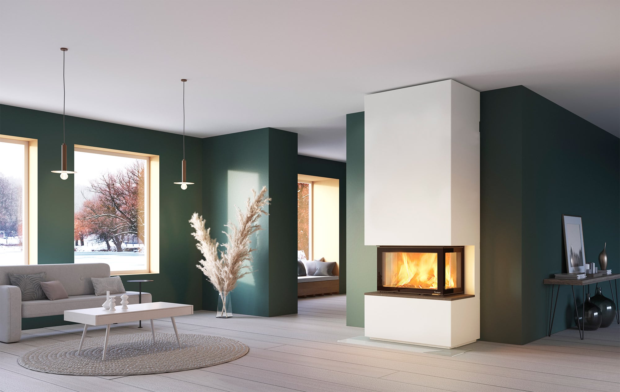 Stor takhøy peis i moderne design i grønt stuemiljø