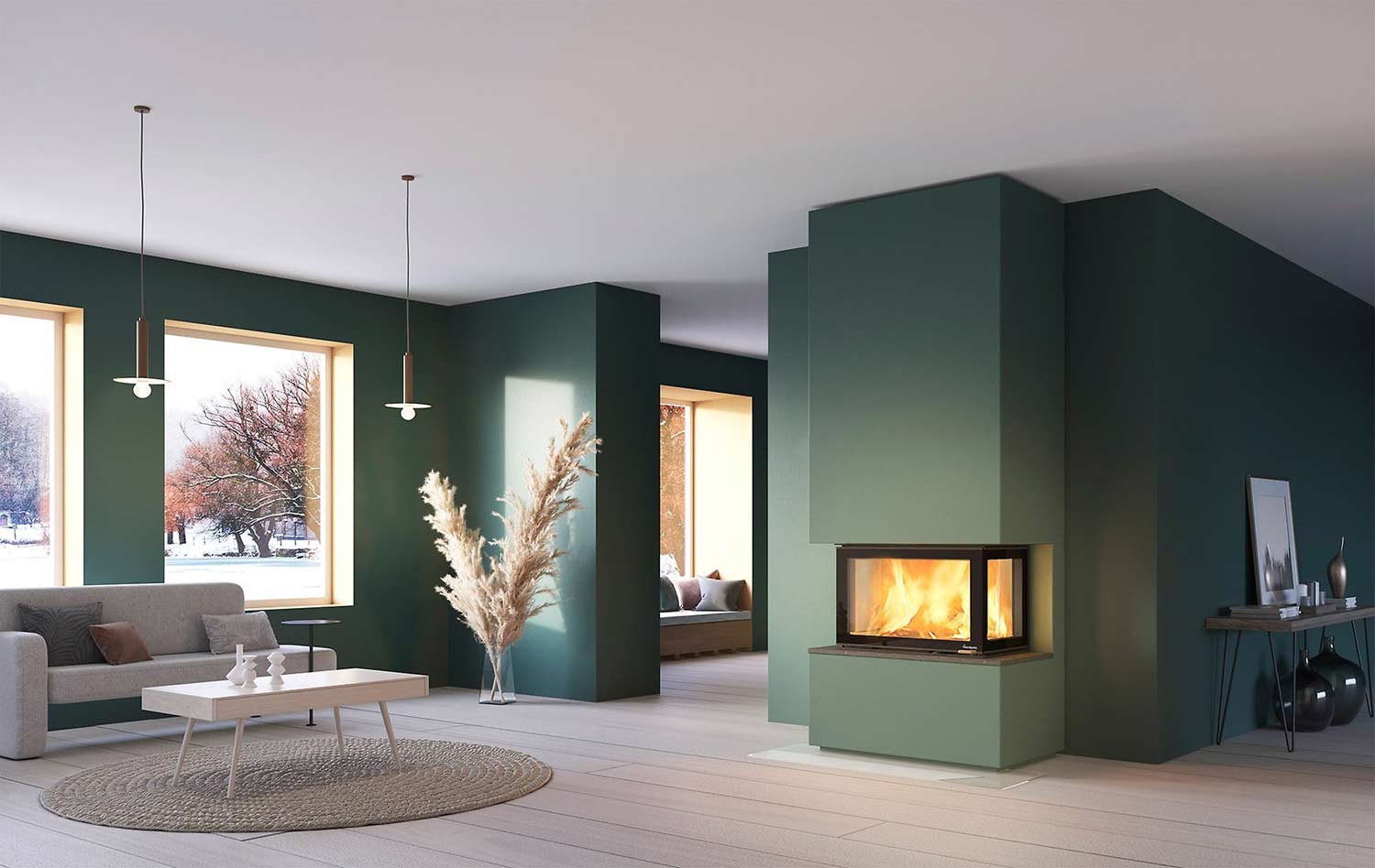 Takhøy peis i moderne design malt grønn i stue